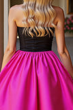 A Line Black and Fuchsia Satin Strapless Short Prom Dress