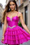 Fuchsia Corset Ruffled Short Prom Dress with Rhinestones