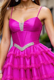 Fuchsia Corset Ruffled Short Prom Dress with Rhinestones