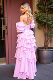 Sparkly Pink Corset Sequins High-Low Prom Dress with Ruffles