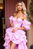 Sparkly Pink Corset Sequins High-Low Prom Dress with Ruffles