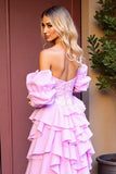 Sparkly Pink Corset Sequins High-Low Prom Dress with Ruffles