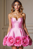 Pink Satin Sweetheart A Line Short Prom Dress with Flowers