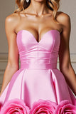 Pink Satin Sweetheart A Line Short Prom Dress with Flowers