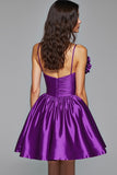 Dark Purple Ruched A Line Satin Short Prom Dress with Flower