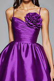 Dark Purple Ruched A Line Satin Short Prom Dress with Flower