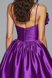 Dark Purple Ruched A Line Satin Short Prom Dress with Flower