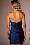Navy Satin Bodycon Sweetheart Ruched Mini Prom Dress