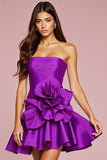Dark Purple Strapless Satin A Line Short Prom Dress with 3D Flower