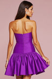 Dark Purple Strapless Satin A Line Short Prom Dress with 3D Flower