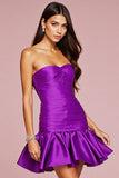 Dark Purple Strapless Satin A Line Short Prom Dress with 3D Flower