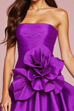 Dark Purple Strapless Satin A Line Short Prom Dress with 3D Flower
