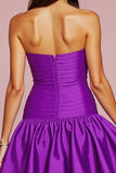 Dark Purple Strapless Satin A Line Short Prom Dress with 3D Flower