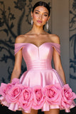 Pink Satin A Line Short Prom Dress with Flowers