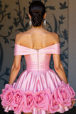 Pink Satin A Line Short Prom Dress with Flowers