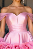 Pink Satin A Line Short Prom Dress with Flowers