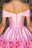 Pink Satin A Line Short Prom Dress with Flowers