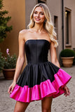 A Line Black and Fuchsia Satin Corset Strapless Short Prom Dress
