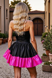 A Line Black and Fuchsia Satin Corset Strapless Short Prom Dress