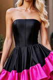 A Line Black and Fuchsia Satin Corset Strapless Short Prom Dress