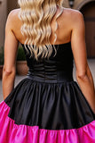A Line Black and Fuchsia Satin Corset Strapless Short Prom Dress