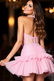 Sparkly Pink Halter Corset Tulle Short Prom Dress with Ruffles