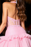 Sparkly Pink Halter Corset Tulle Short Prom Dress with Ruffles