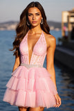 Pink Corset Tulle Tiered A Line Short Prom Dress with Lace