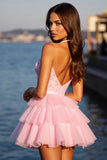 Pink Corset Tulle Tiered A Line Short Prom Dress with Lace