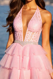 Pink Corset Tulle Tiered A Line Short Prom Dress with Lace