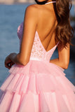 Pink Corset Tulle Tiered A Line Short Prom Dress with Lace