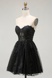 Black Sweetheart Corset Short Lace A Line Prom Dress