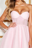 A Line Pink Corset Tulle Sweetheart Short Prom Dress