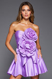 Purple Strapless Short A Line Satin Prom Dress with 3D Flowers