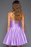 Purple Strapless Short A Line Satin Prom Dress with 3D Flowers