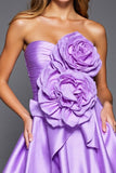 Purple Strapless Short A Line Satin Prom Dress with 3D Flowers