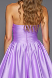 Purple Strapless Short A Line Satin Prom Dress with 3D Flowers