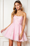 Pink Corset Strapless Short Tulle Appliqued Prom Dress