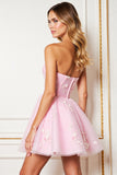 Pink Corset Strapless Short Tulle Appliqued Prom Dress