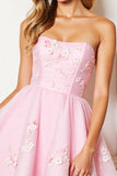 Pink Corset Strapless Short Tulle Appliqued Prom Dress