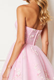 Pink Corset Strapless Short Tulle Appliqued Prom Dress