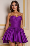 Dark Purple Sweetheart Satin A Line Ruched Short Prom Dress