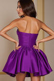 Dark Purple Sweetheart Satin A Line Ruched Short Prom Dress