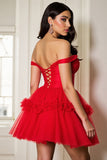 Red A Line Corset Tulle Lace up Back Short Prom Dress with Ruffles
