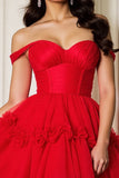 Red A Line Corset Tulle Lace up Back Short Prom Dress with Ruffles