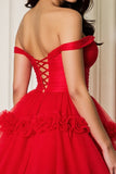 Red A Line Corset Tulle Lace up Back Short Prom Dress with Ruffles