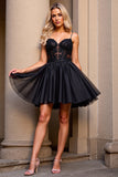 Black Corset Tulle A Line Short Prom Dress with Appliques