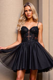 Black Corset Tulle A Line Short Prom Dress with Appliques