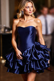 Navy Satin Sweetheart Short A Line Prom Dress with Ruffles