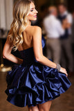 Navy Satin Sweetheart Short A Line Prom Dress with Ruffles